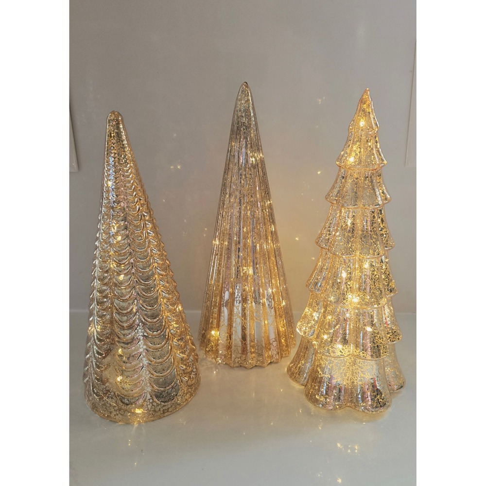 Champagne Mercury Glass Christmas Trees Set of 3 LED Lighted Holiday Decor